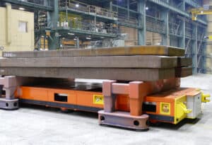 An automated guided vehicle designed for the iron and steel industry through advanced engineering and manufacturing.
