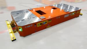 Orange AGV with scissor lift, lowered extensor.