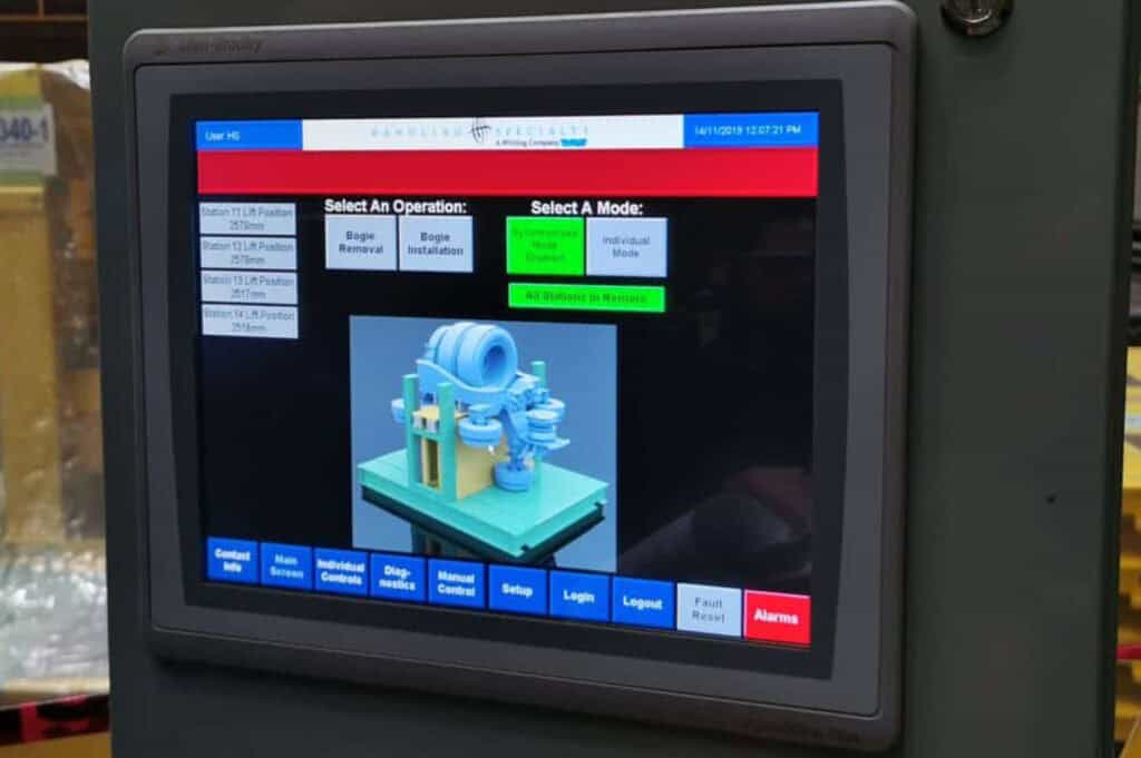 Touchscreen monitor for monorail bogie operations and diagnostics.