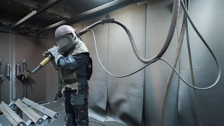 shot blasting man in production, The sandblaster is sending to s