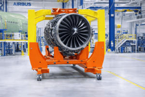 Jet-engine-on-transport-dolly-in-workshop