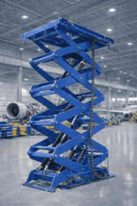 multi-stage-scissor-lift-for-aerospace-manufacturing-Raised